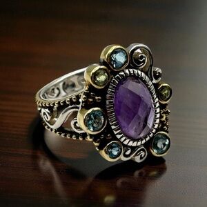 Echo of the Dreamer Zoe Amethyst & Topaz Ring Sz 9 ~925 Sterling Silver & Bronze
